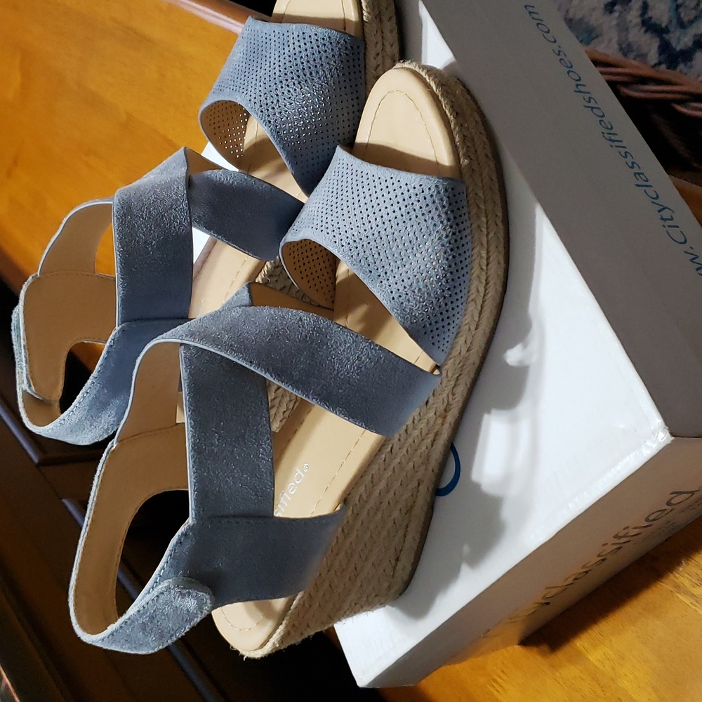Denim Blue Suede Wedge Sandals 8.5